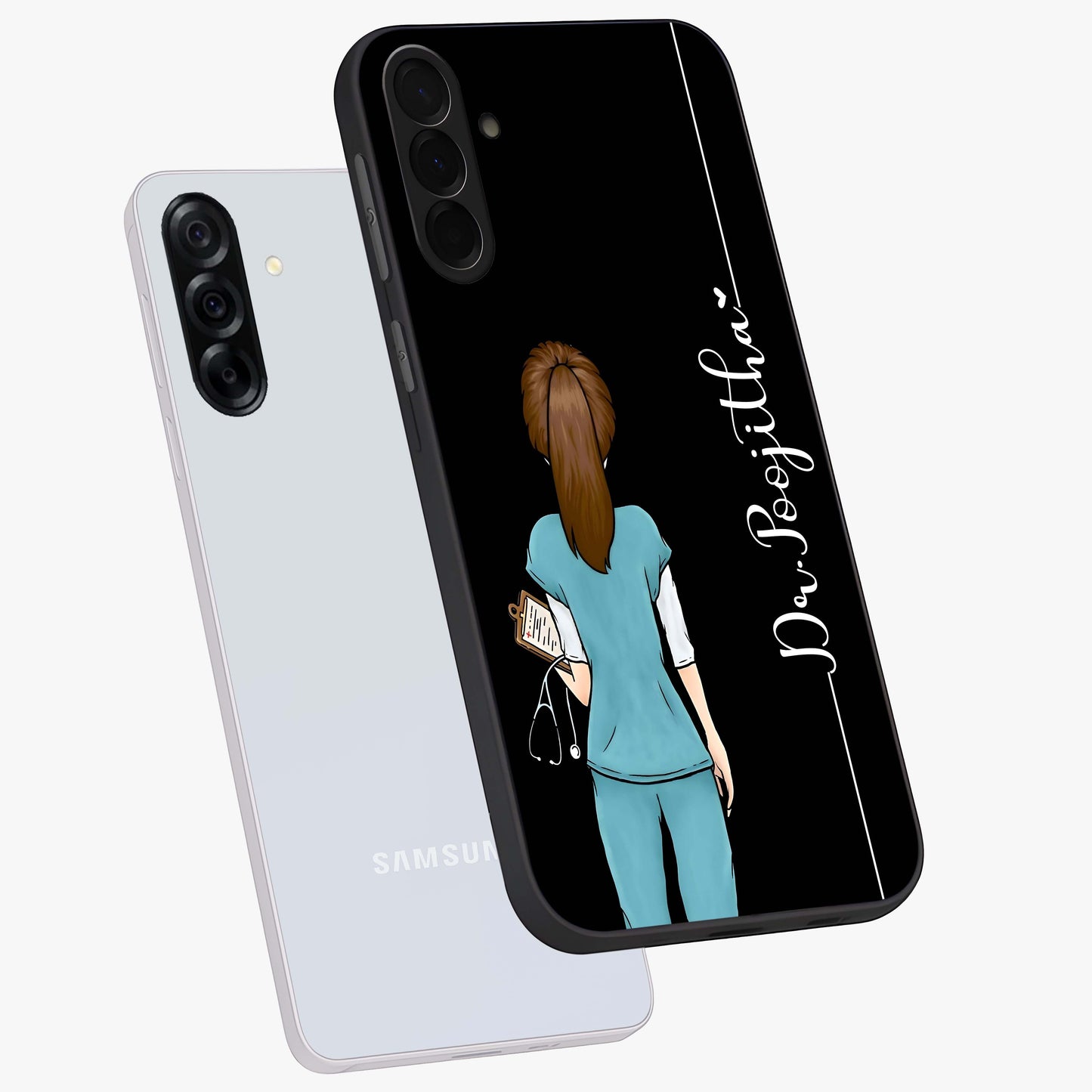 Doctor Pattern Custom Name Glass Case displayed in angled mockup highlighting doctor inspired artwork with custom name feature.