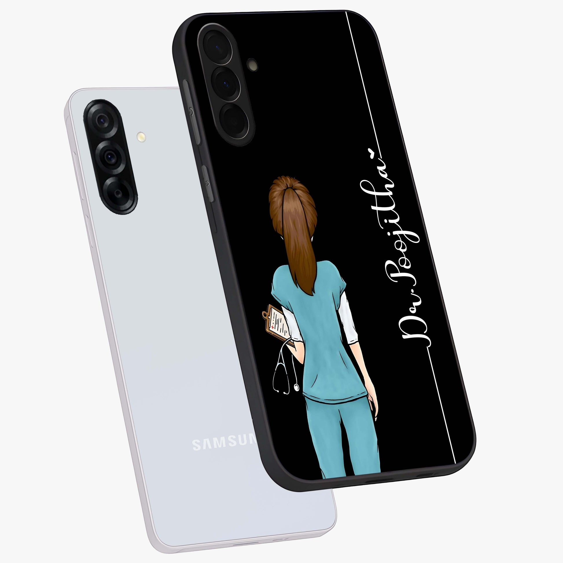Doctor Pattern Custom Name Glass Case displayed in angled mockup highlighting doctor inspired artwork with custom name feature.
