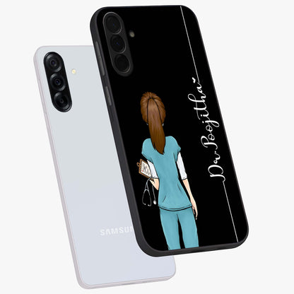 Doctor Pattern Custom Name Glass Case displayed in angled mockup highlighting doctor inspired artwork with custom name feature.