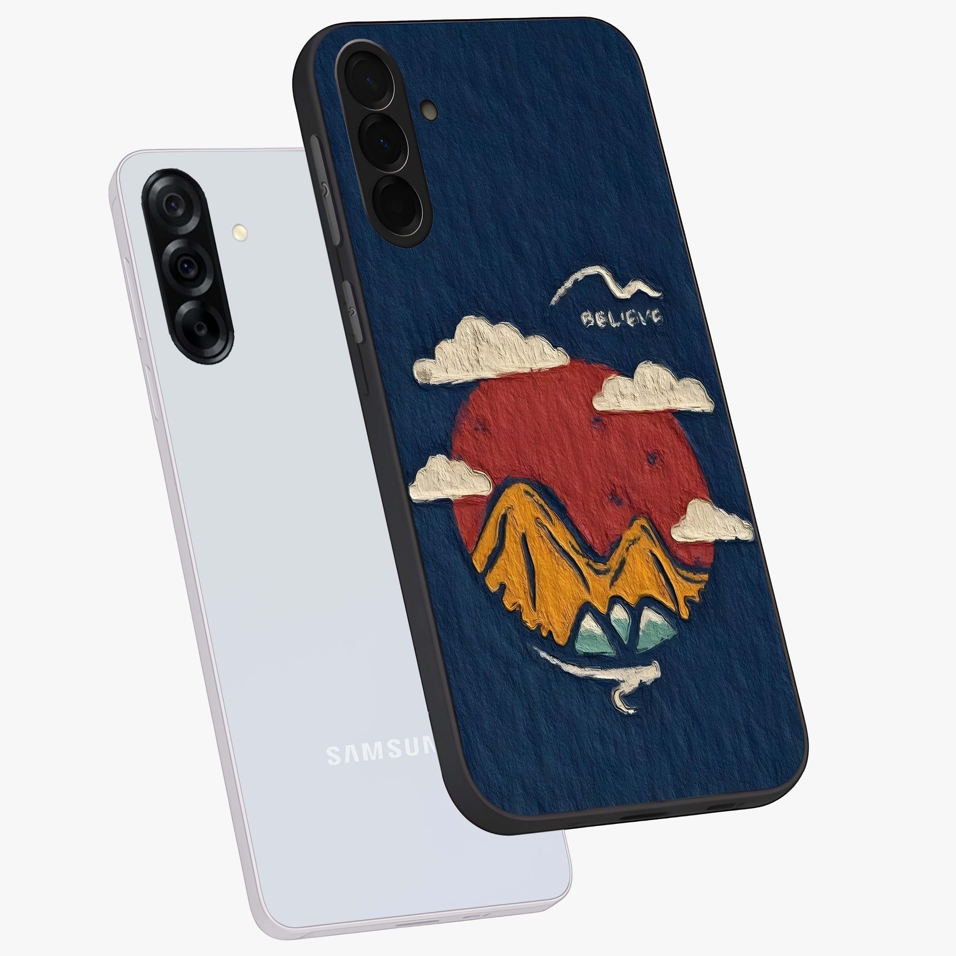 Dream Beyond Mountains Glass Case displayed in angled mockup highlighting dreamy mountain illustration with peaceful aesthetic.