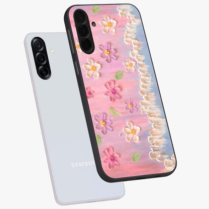 Dreamy Painted Garden Glass Case displayed in angled mockup highlighting colorful garden illustration with dreamy aesthetic style.