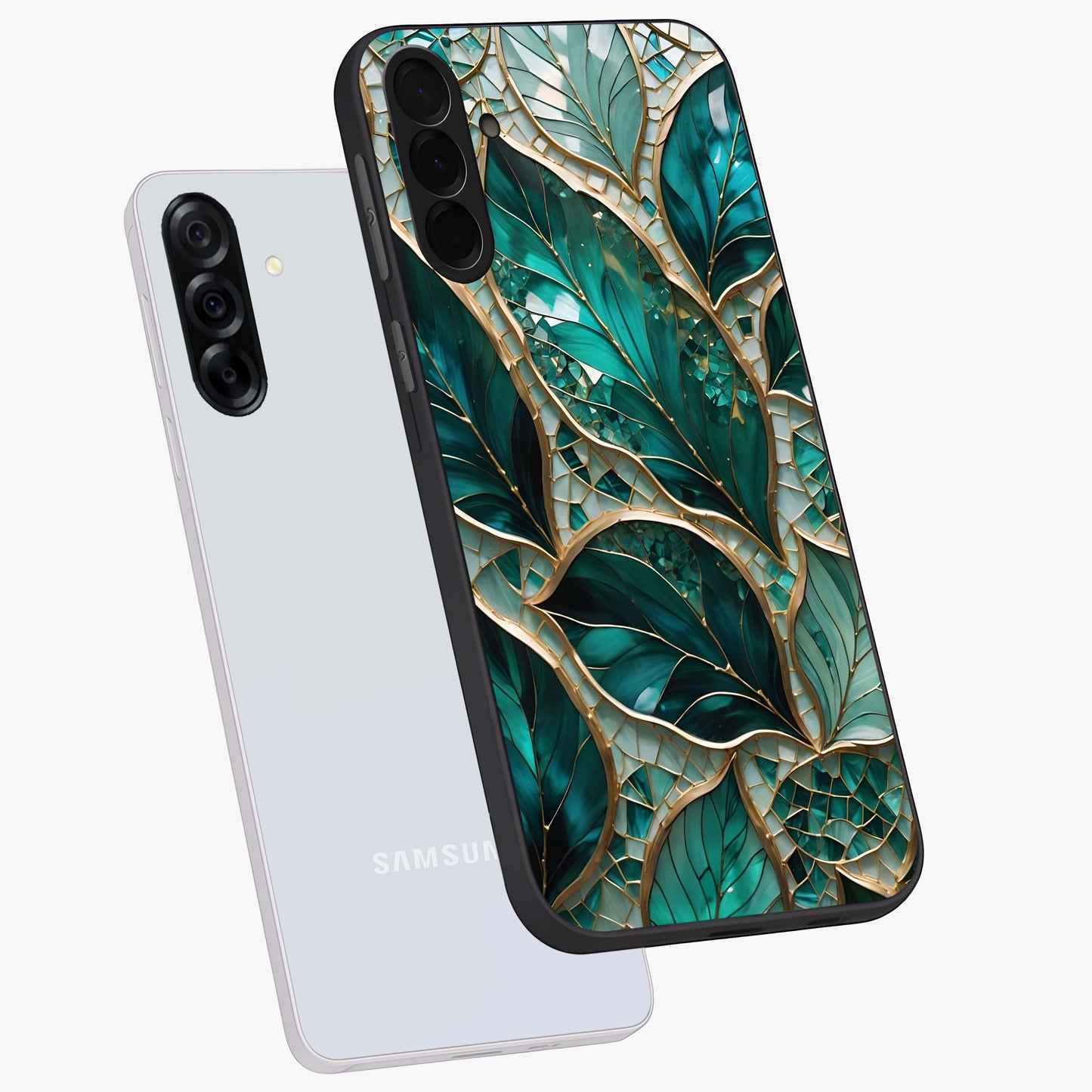 Emerald Leaf Glass Glass Case displayed in angled mockup highlighting botanical leaf illustration with elegant natural aesthetic.