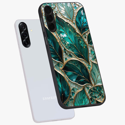 Emerald Leaf Glass Glass Case displayed in angled mockup highlighting botanical leaf illustration with elegant natural aesthetic.