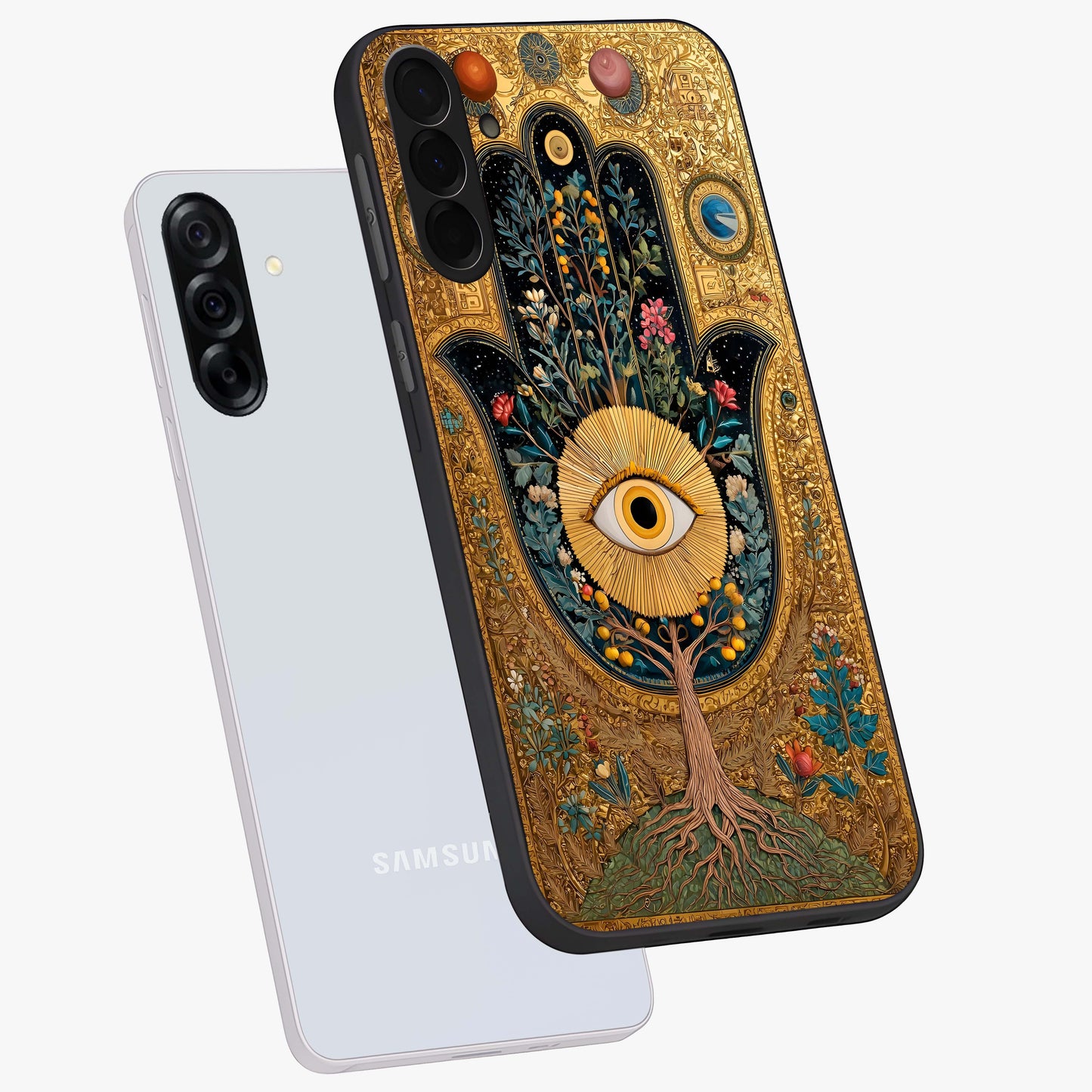 Ethereal Evil Eye Glass Case displayed in angled mockup highlighting protective evil eye symbol with spiritual aesthetic design.