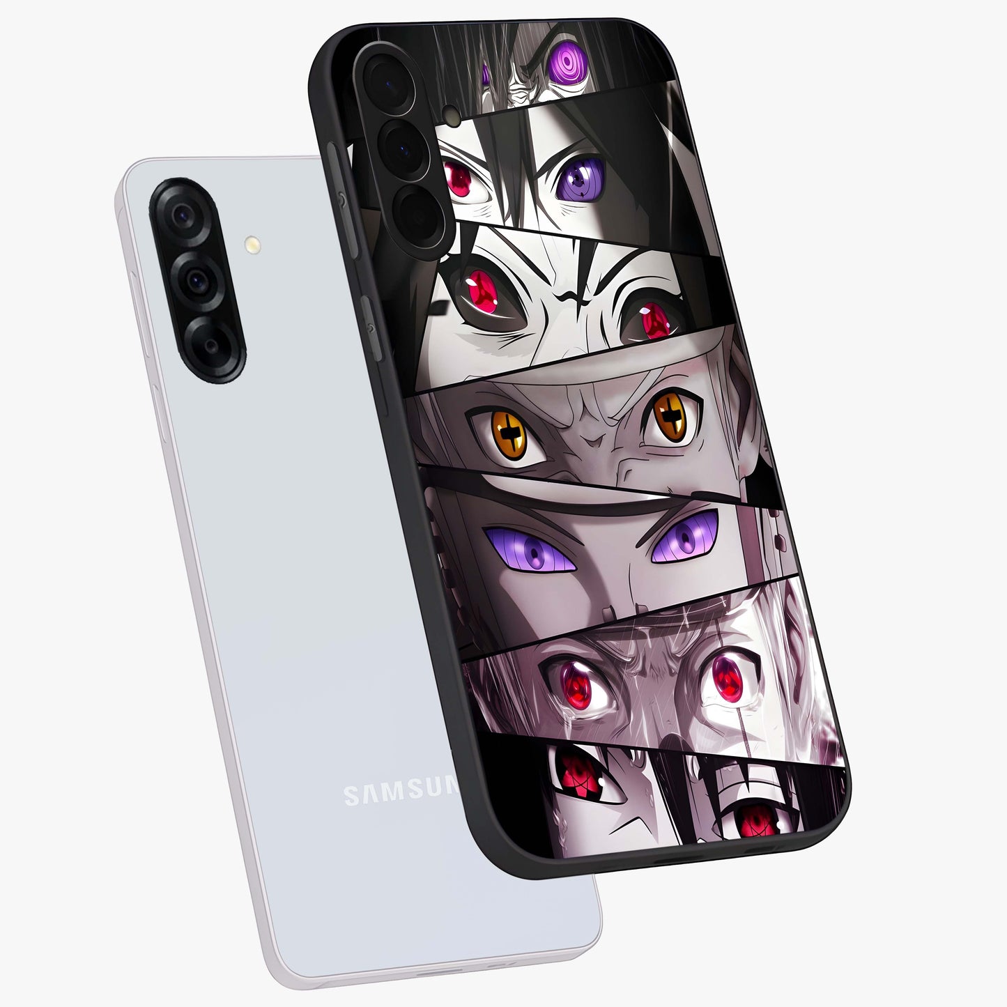 Eyes of Destiny Glass Case displayed in angled mockup highlighting bold eye illustration with mystical aesthetic style.