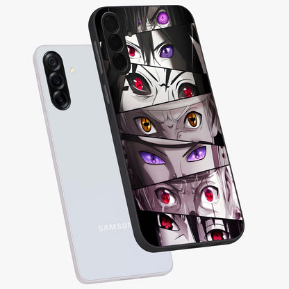 Eyes of Destiny Glass Case displayed in angled mockup highlighting bold eye illustration with mystical aesthetic style.
