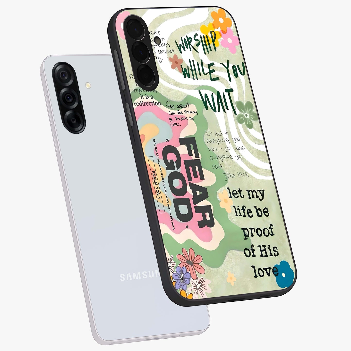 Faith Over Fear Glass Case displayed in angled mockup highlighting inspirational message design with modern aesthetic style.