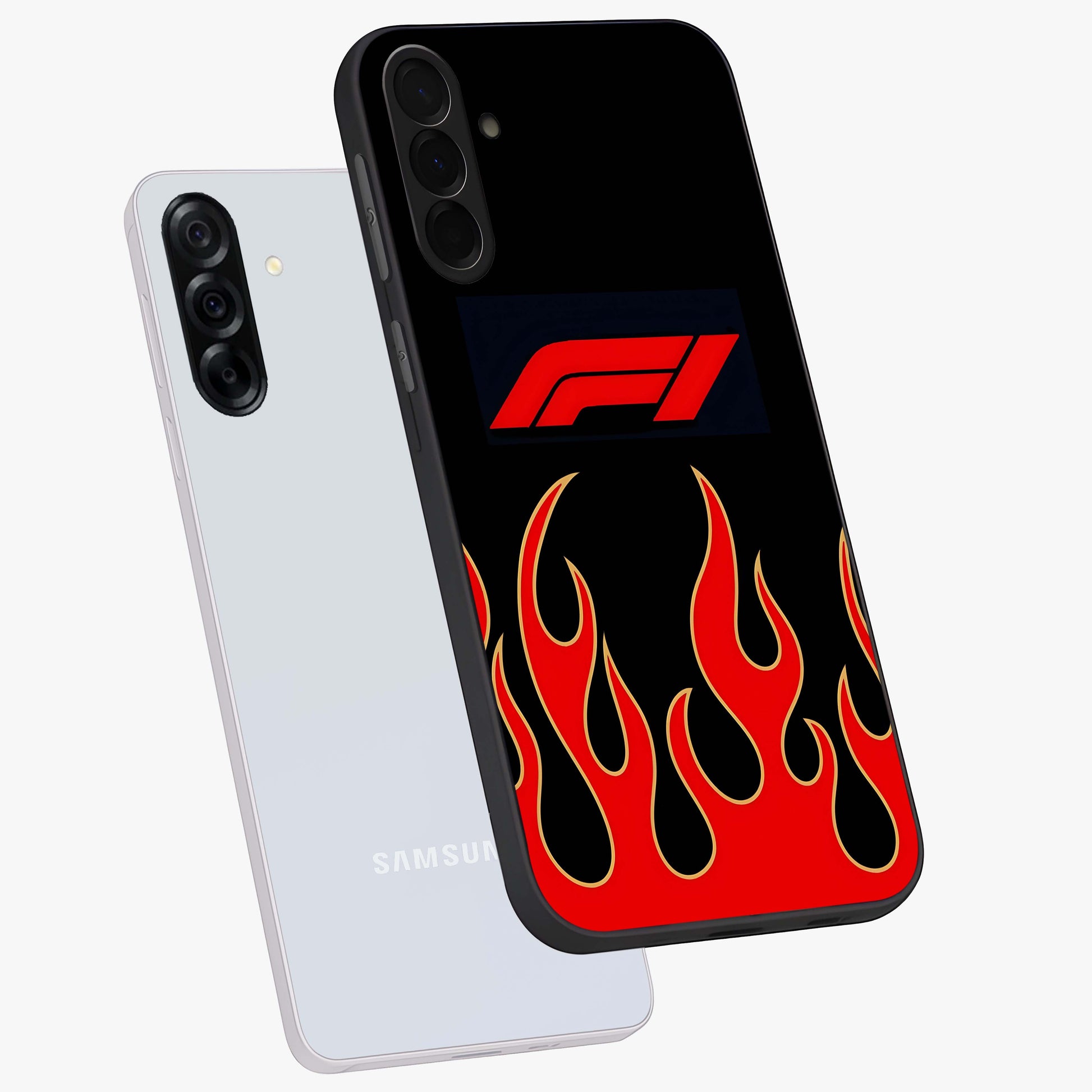 Fire F11 Glass Case displayed in angled mockup highlighting bold fire inspired graphic with energetic aesthetic style.