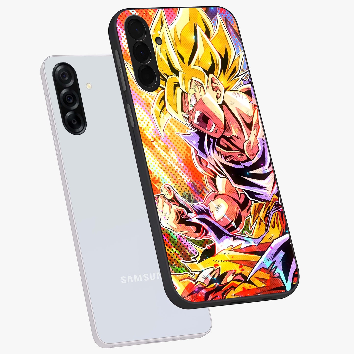 Firing Goku Glass Case displayed in angled mockup highlighting dynamic anime character design with action aesthetic.