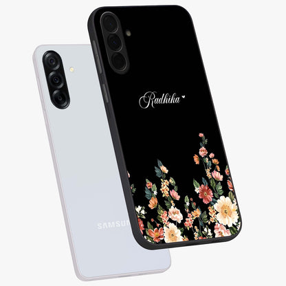 Floral Design With a Custom Personalized Name Glass Case displayed in angled mockup highlighting elegant floral pattern with custom name feature.
