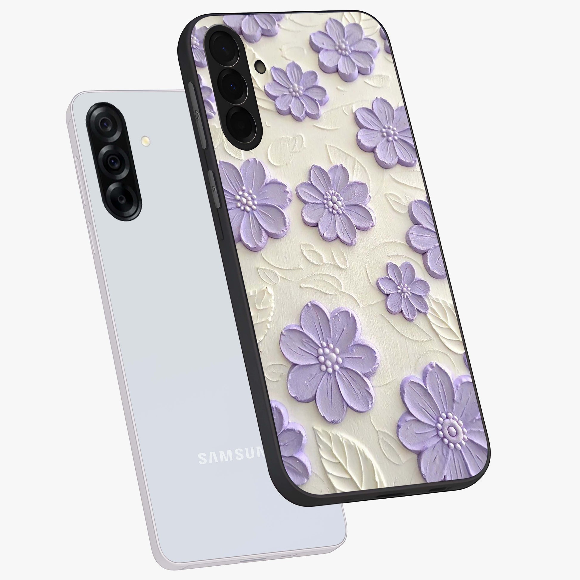 Floral Wall Art With Purple Flowers Glass Case displayed in angled mockup highlighting vibrant purple floral illustration with artistic aesthetic.