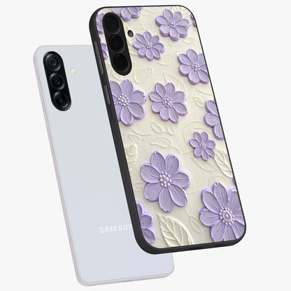 Floral Wall Art With Purple Flowers Glass Case displayed in angled mockup highlighting vibrant purple floral illustration with artistic aesthetic.