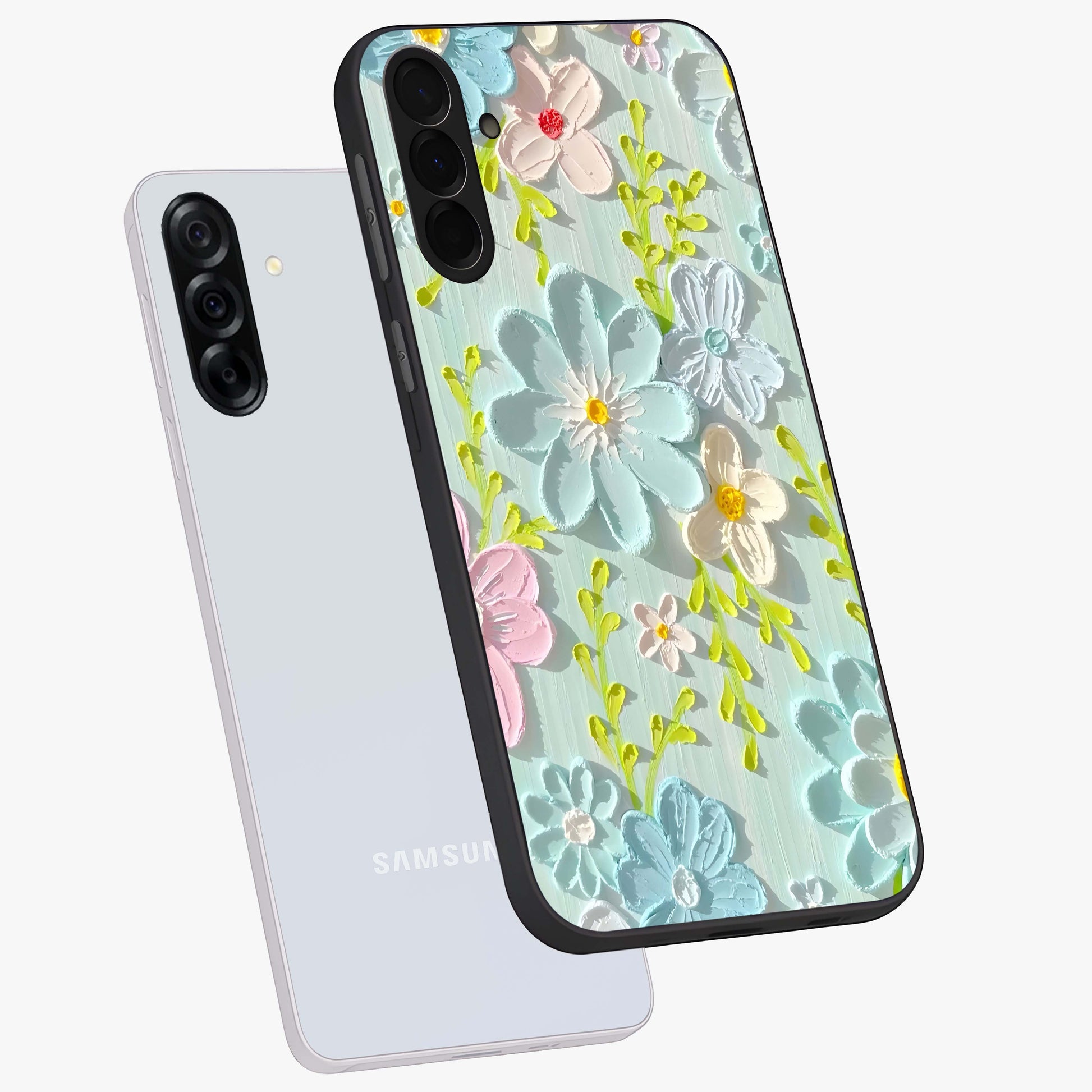 Frosted Petal Garden Glass Case displayed in angled mockup highlighting delicate flower petal design with calm garden aesthetic.