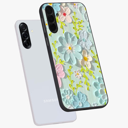 Frosted Petal Garden Glass Case displayed in angled mockup highlighting delicate flower petal design with calm garden aesthetic.