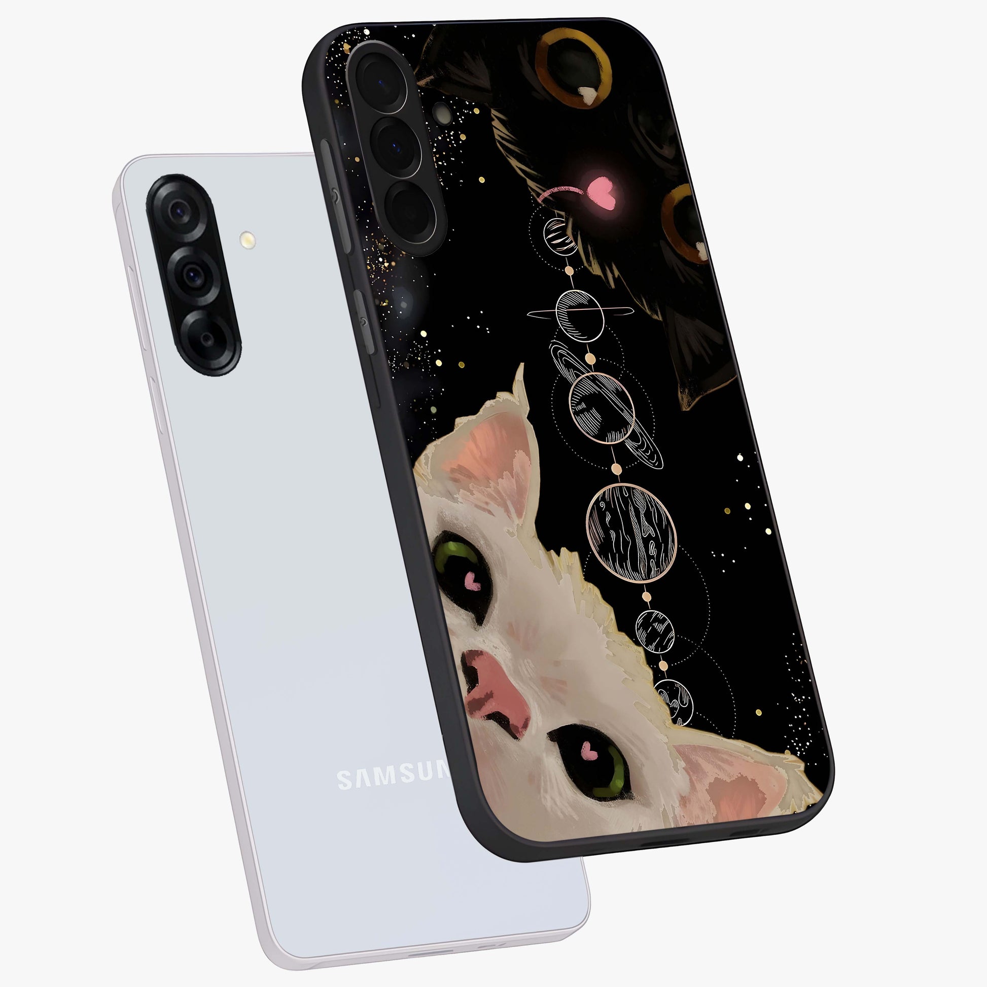Galactic Cat Glass Case displayed in angled mockup highlighting celestial feline illustration with galaxy aesthetic style.
