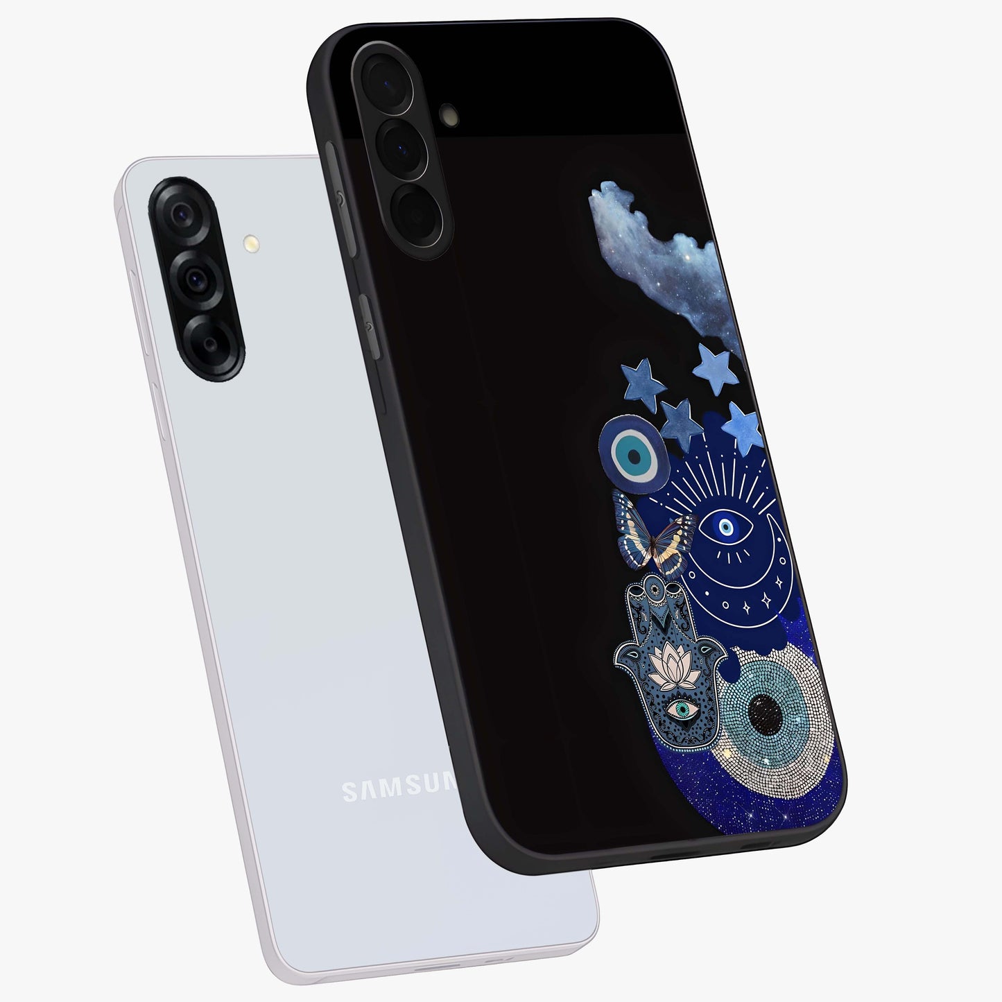 Galactic Charm Cluster Glass Case displayed in angled mockup highlighting luminous galaxy inspired design with dreamy aesthetic.