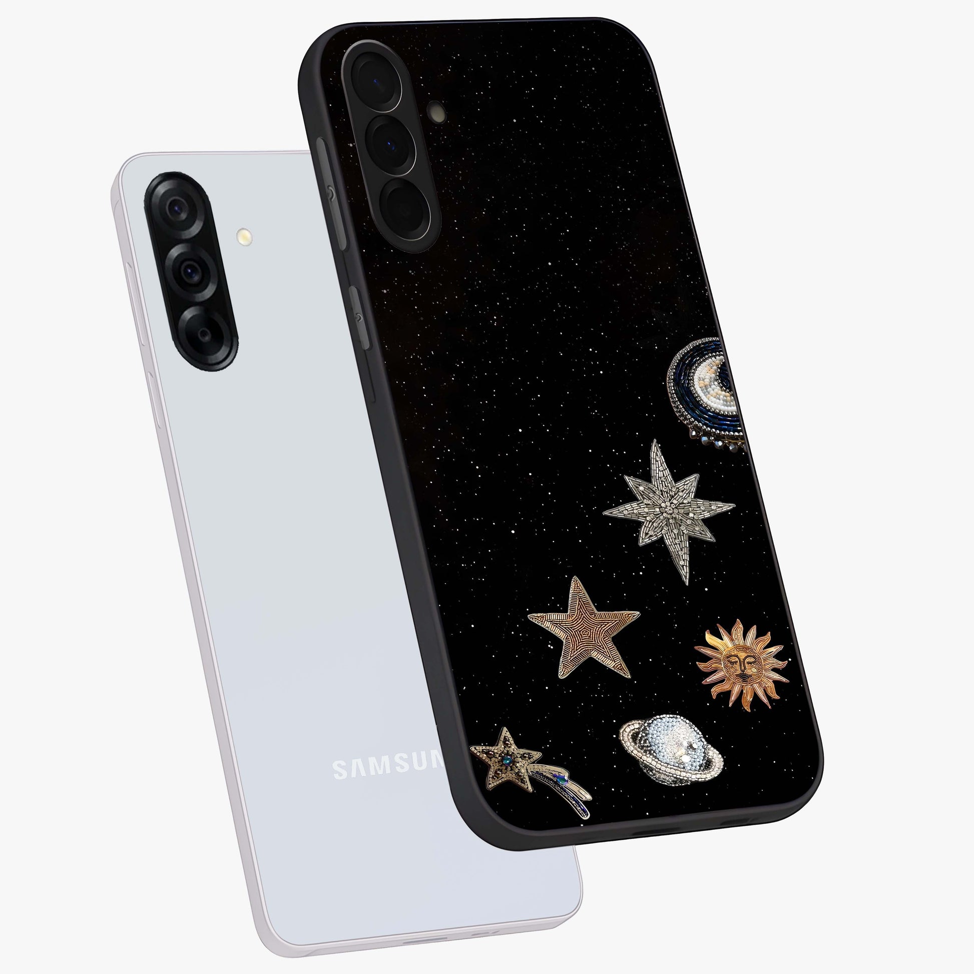 Galactic Charm Glow Glass Case displayed in angled mockup highlighting luminous galaxy inspired design with dreamy aesthetic.