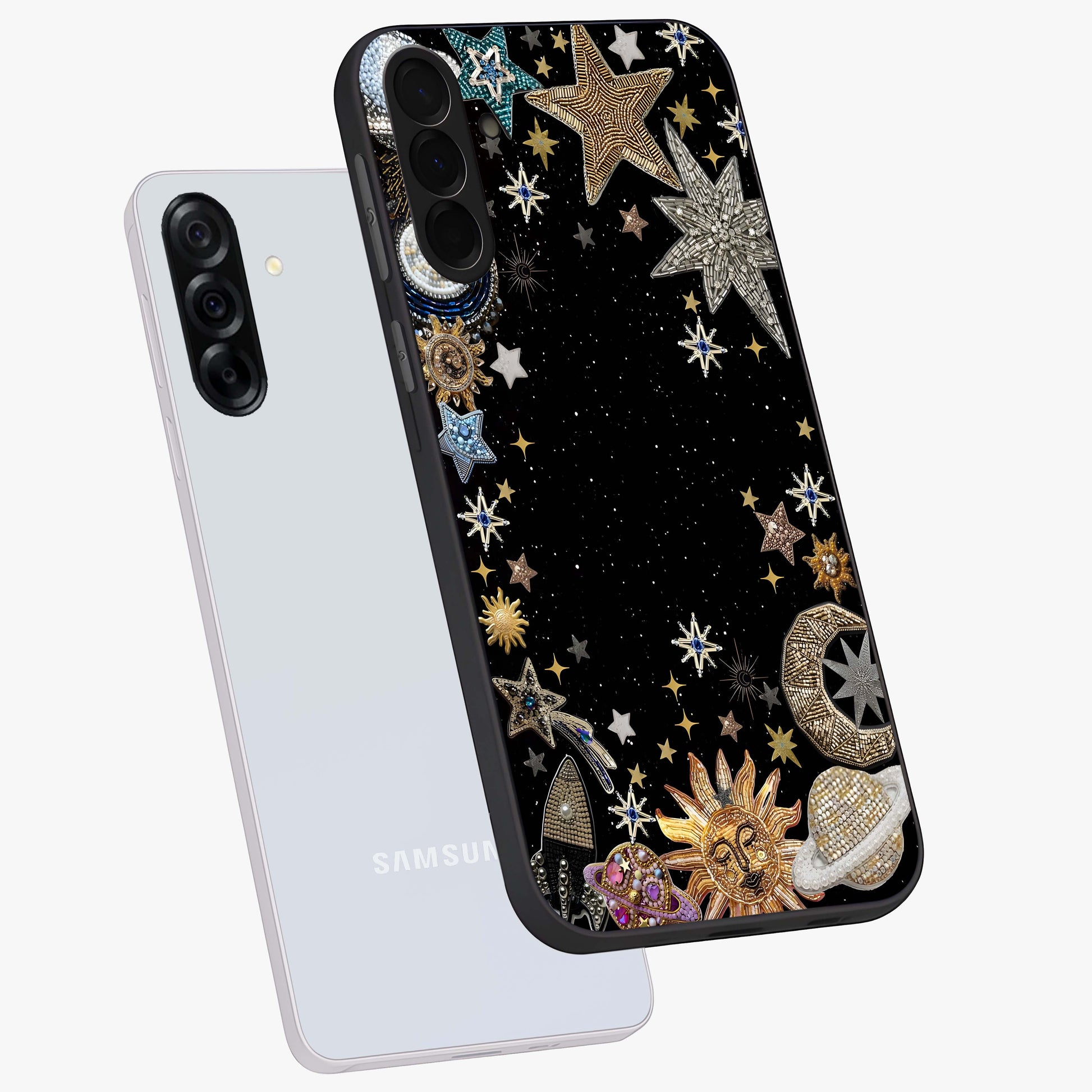 Galactic Jewel Stars Glass Case displayed in angled mockup highlighting shining celestial star design with cosmic aesthetic style.