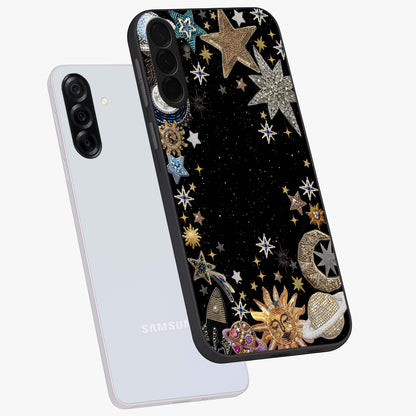 Galactic Jewel Stars Glass Case displayed in angled mockup highlighting shining celestial star design with cosmic aesthetic style.