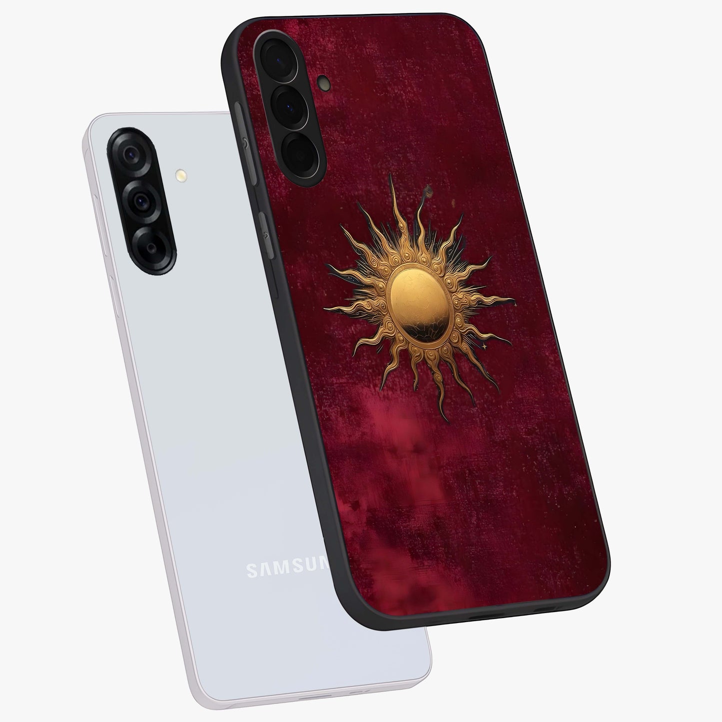 Golden Sun Minimalism Glass Case displayed in angled mockup highlighting clean sun symbol design with modern minimal aesthetic.