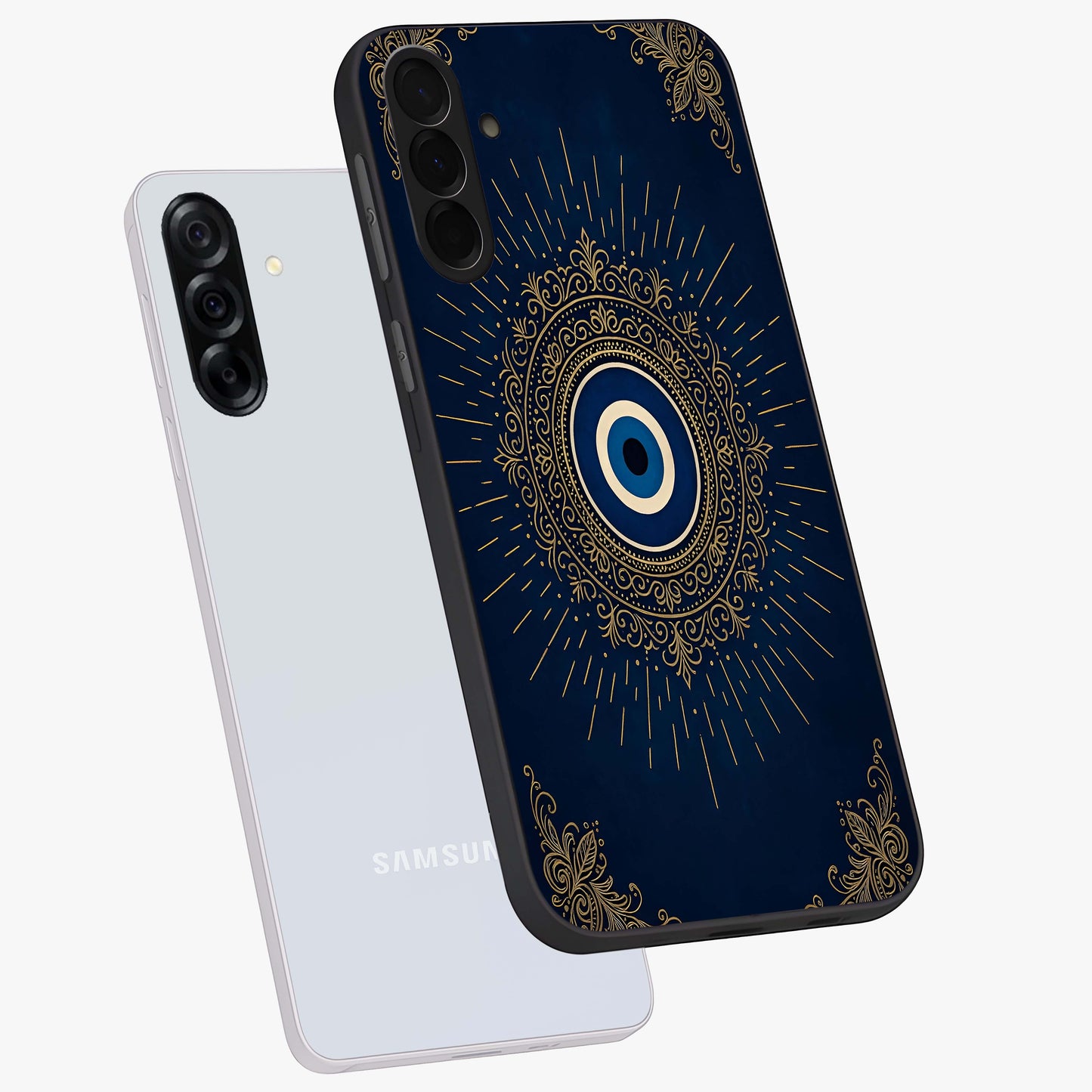 Golden Celestial Charm Glass Case displayed in angled mockup highlighting sparkling cosmic charm design with celestial aesthetic.