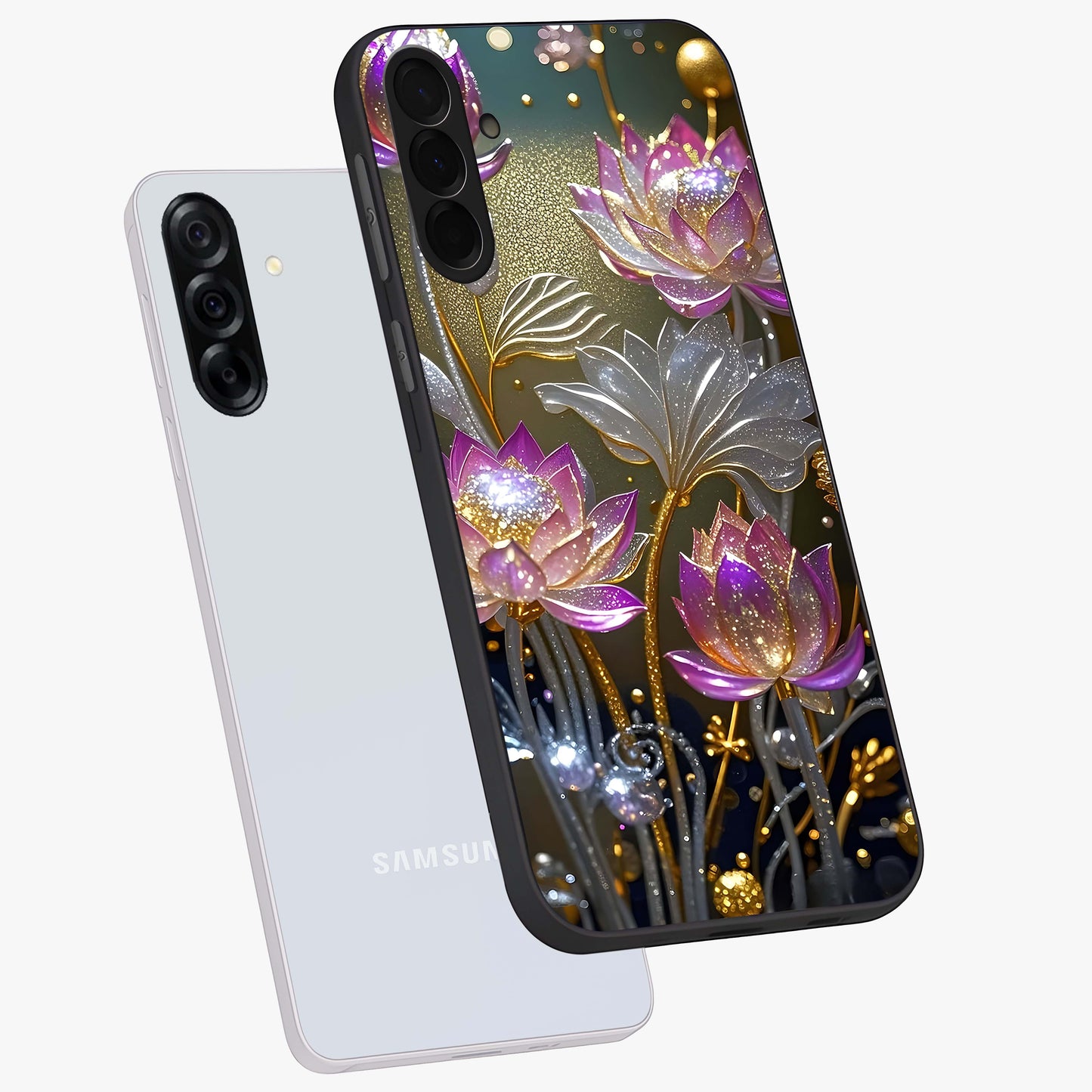 Golden Floral Majesty Glass Case displayed in angled mockup highlighting elegant flower design with royal golden aesthetic.