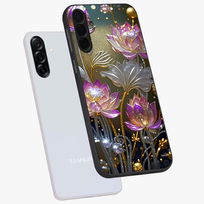 Golden Floral Majesty Glass Case displayed in angled mockup highlighting elegant flower design with royal golden aesthetic.