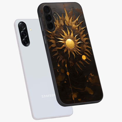 Golden Sun Majesty Glass Case displayed in angled mockup highlighting eerie shadow illustration with gothic aesthetic.
