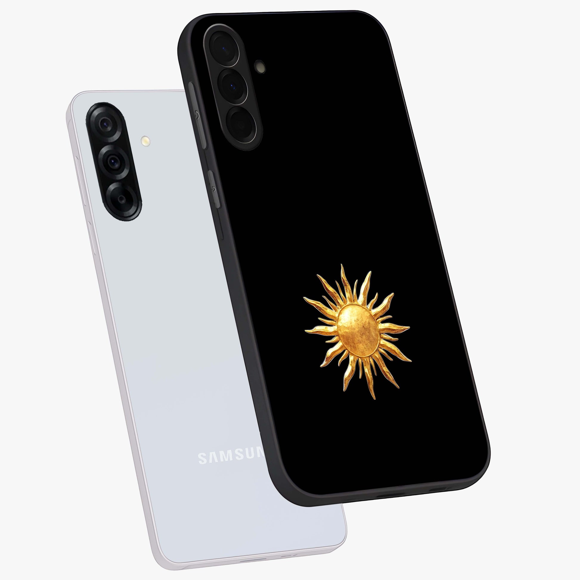 Golden Sun Minimalism Glass Case displayed in angled mockup highlighting eerie shadow illustration with gothic aesthetic.