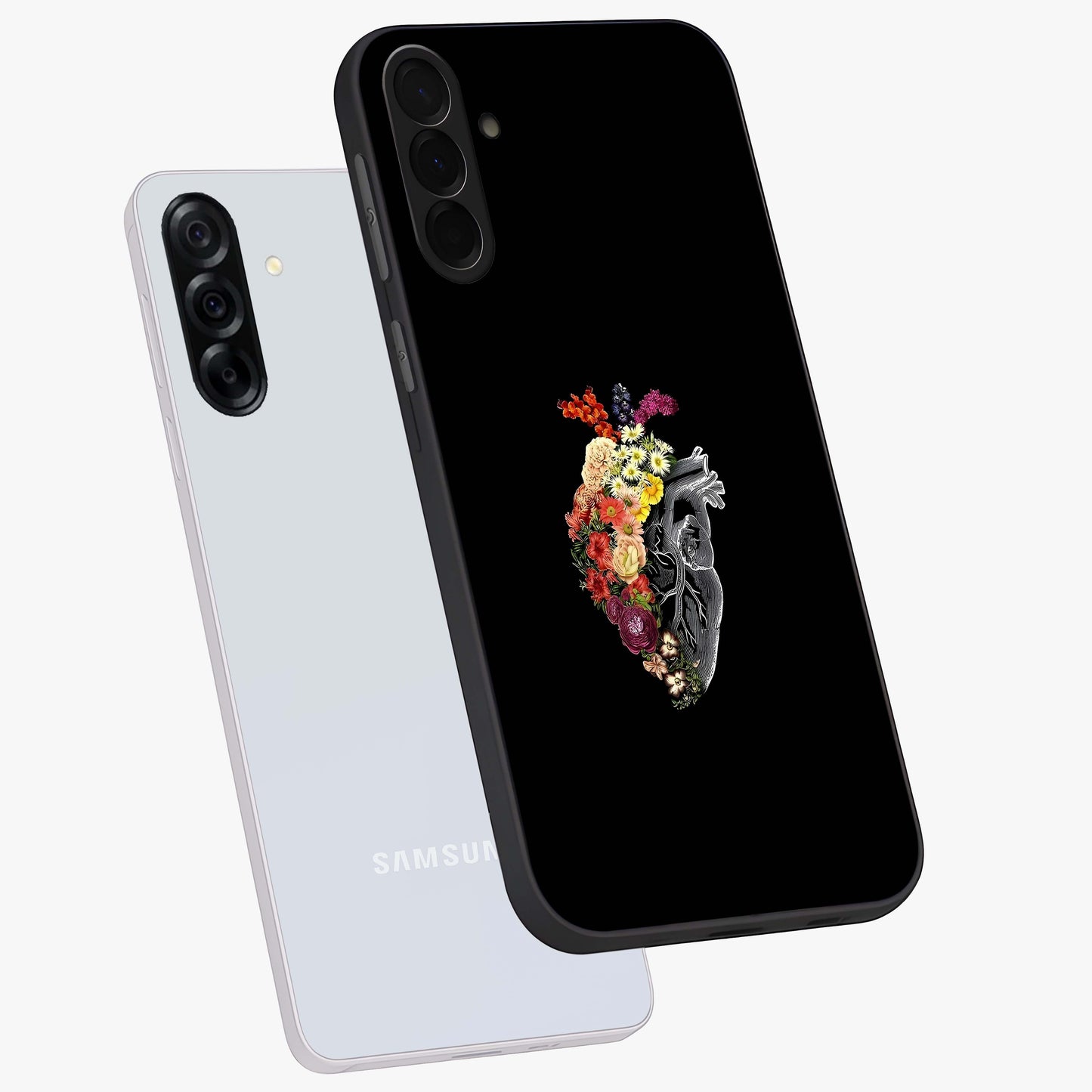 Heart With Flowers Glass Case displayed in angled mockup highlighting romantic flower design with soft aesthetic style.