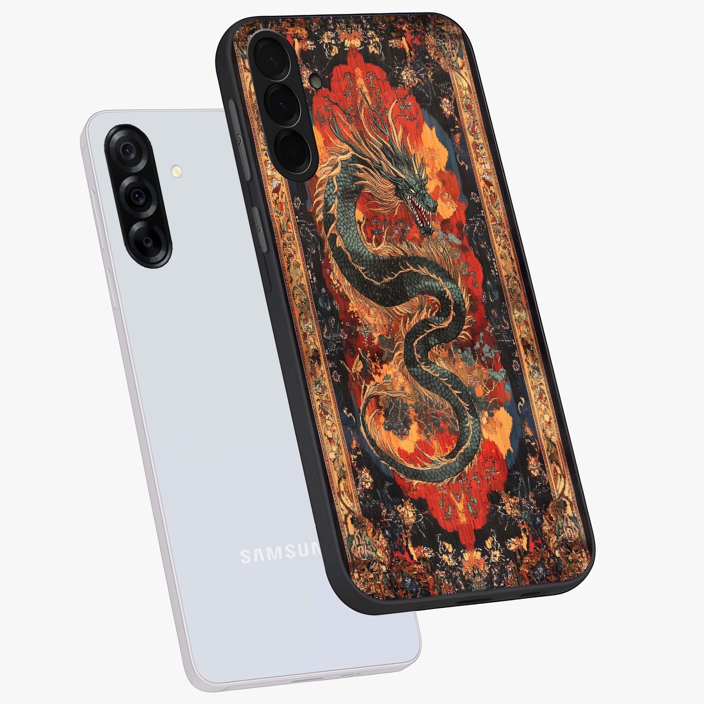 Inferno Dragon Soul Glass Case displayed in angled mockup highlighting powerful dragon illustration with inferno aesthetic.