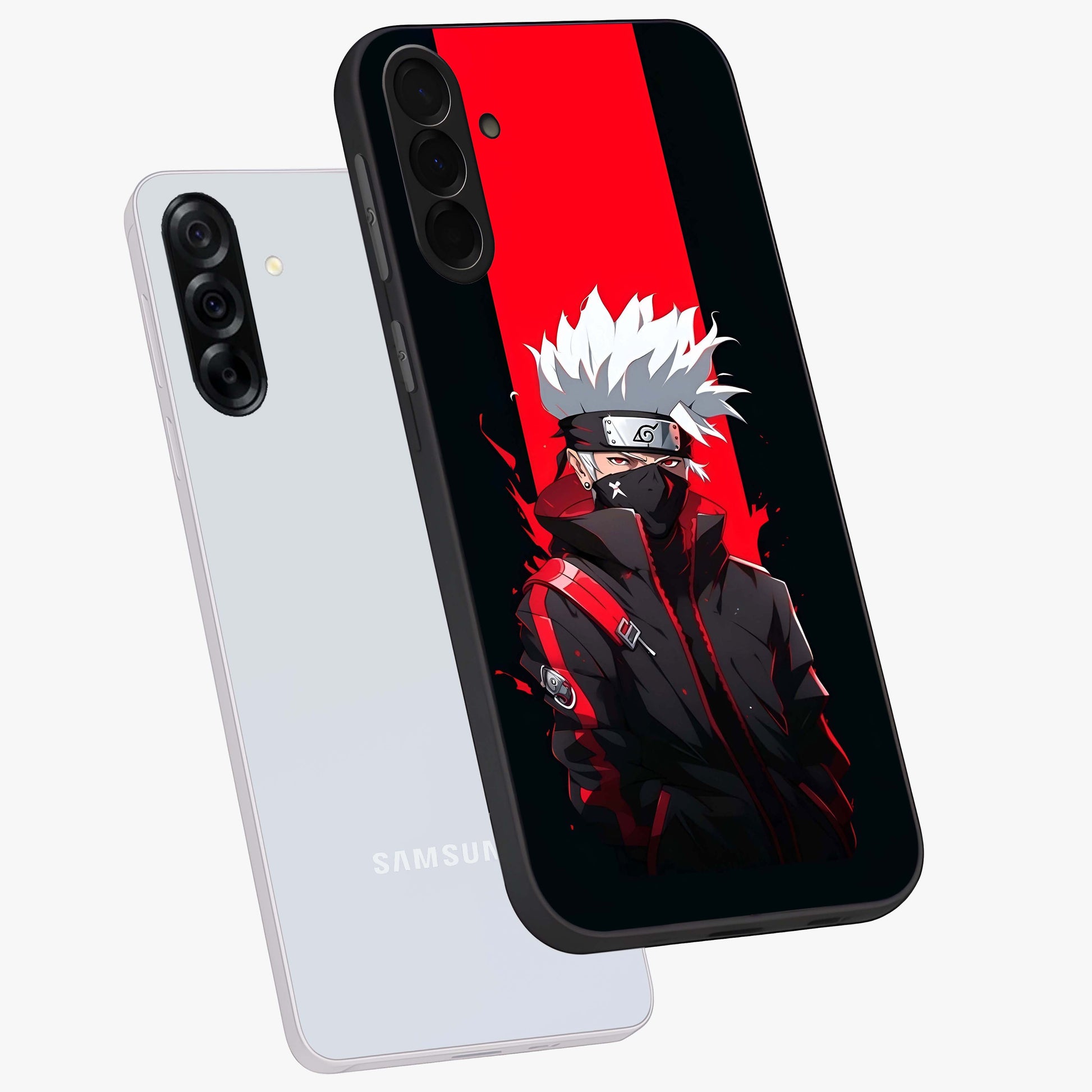 Kakashi Scarlet Shadow Glass Case displayed in angled mockup highlighting dramatic ninja illustration with scarlet themed aesthetic.
