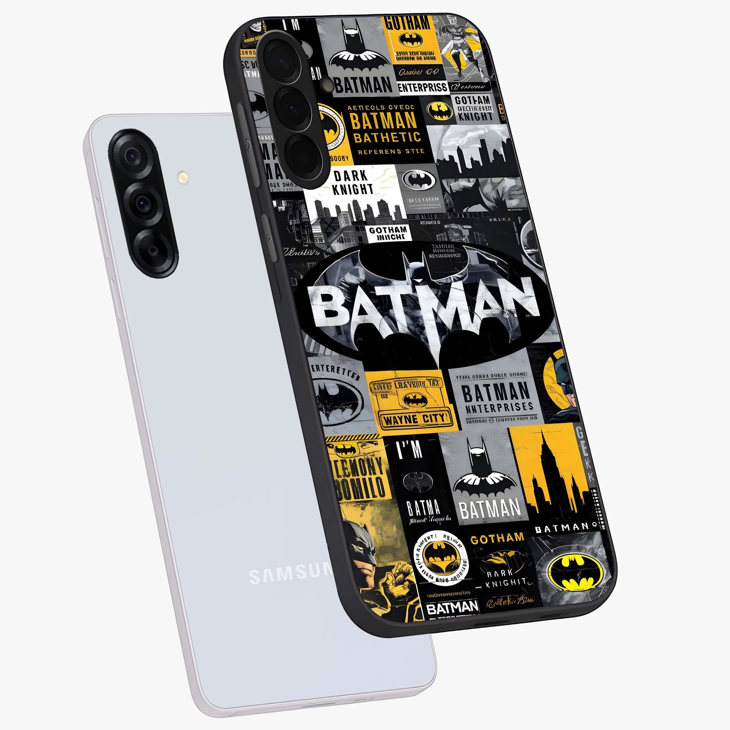 Knight Gotham Rise Glass Case displayed in angled mockup highlighting powerful knight silhouette design with dramatic aesthetic.