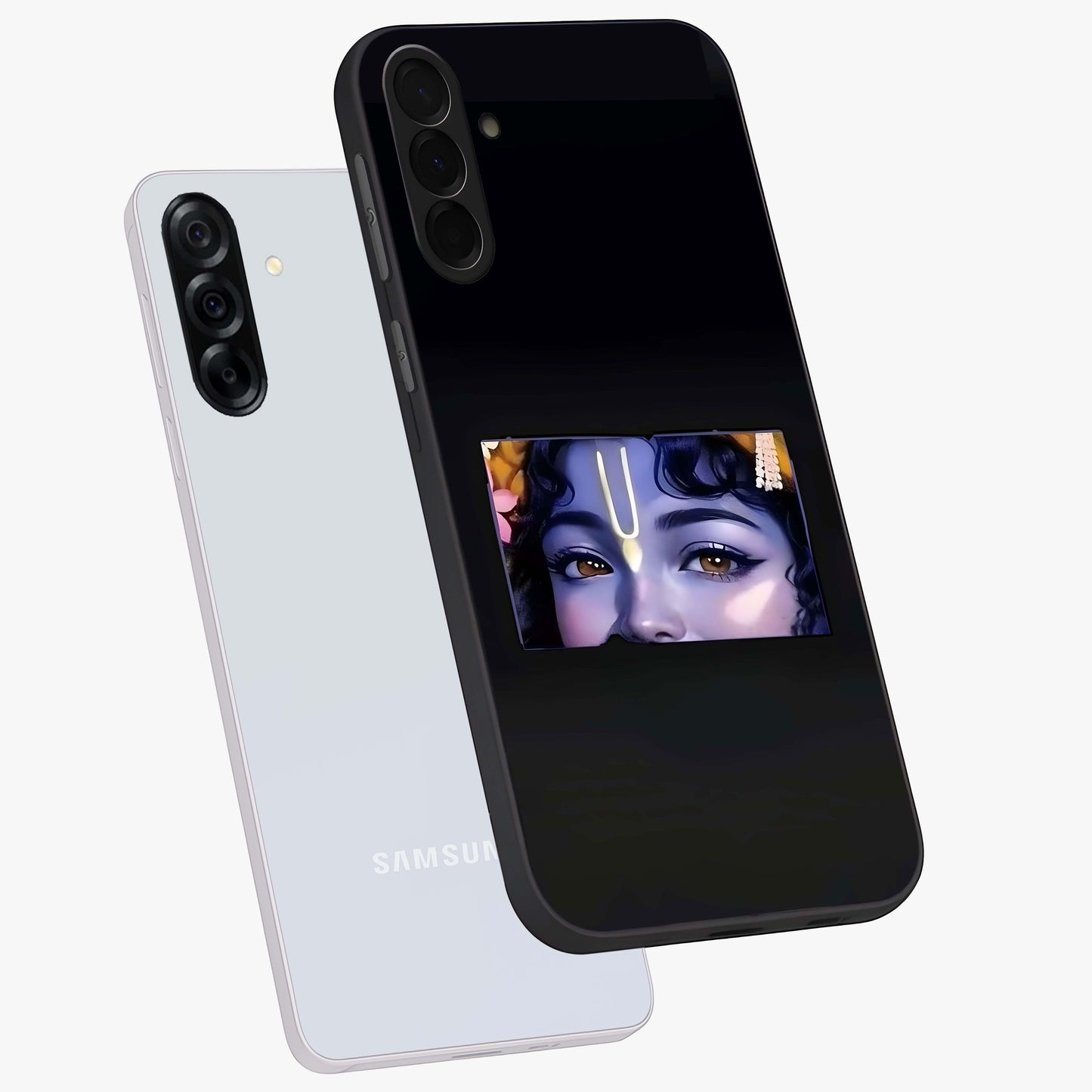 Krishna Divine Embrace Glass Case displayed in angled mockup highlighting divine Krishna illustration with spiritual aesthetic.