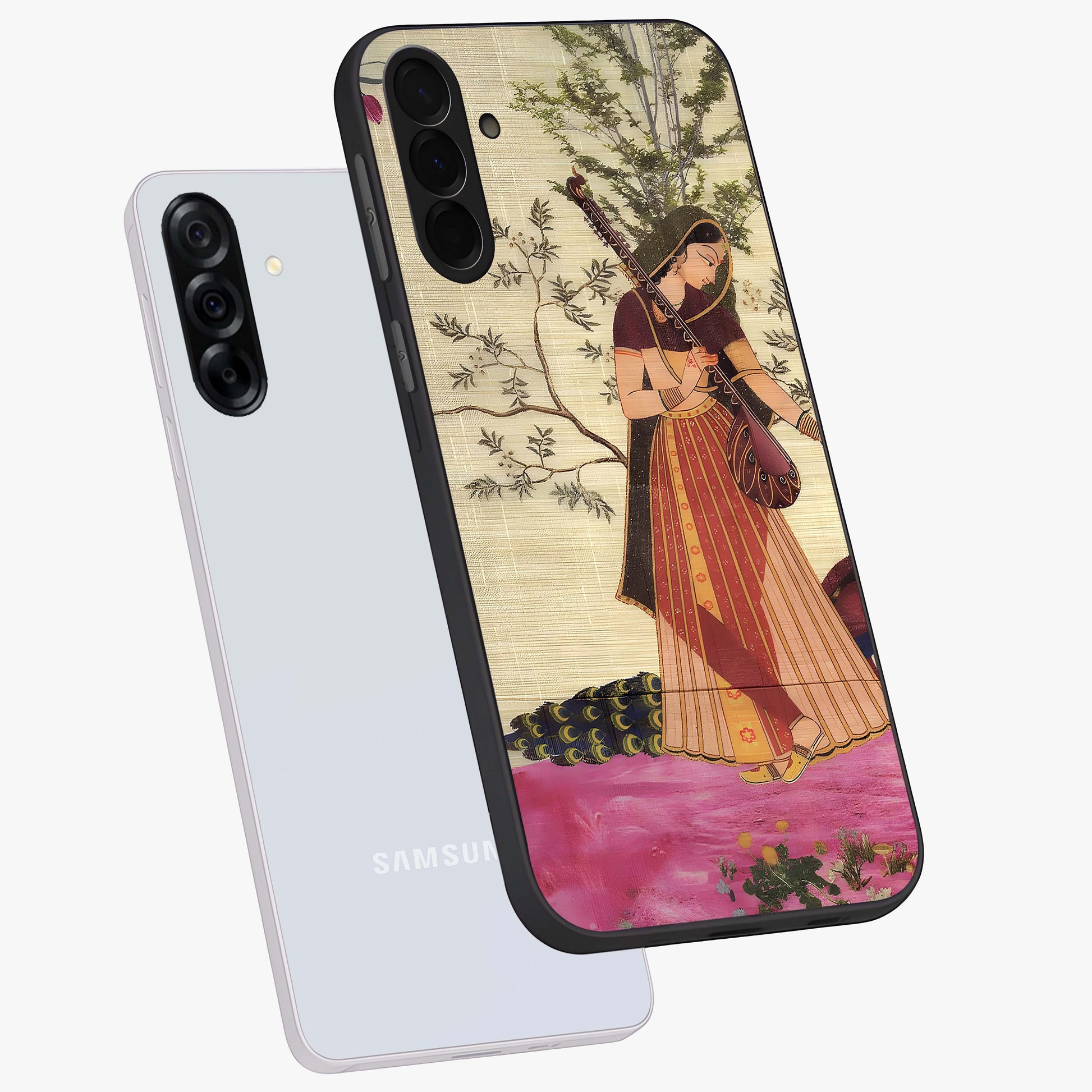 Lady With Veena Art Glass Case displayed in angled mockup highlighting graceful musical illustration with cultural artistic aesthetic.