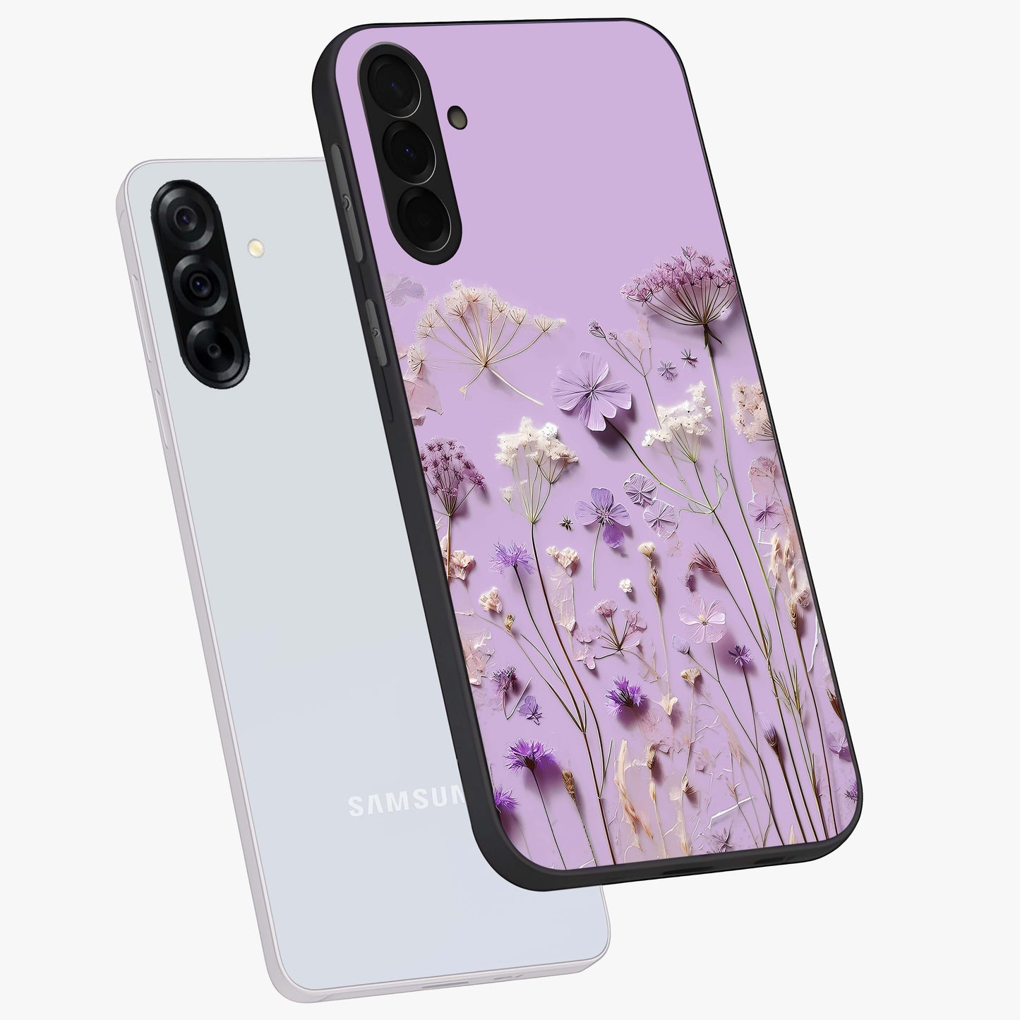 Lavender Blossom Dream Glass Case displayed in angled mockup highlighting dreamy lavender flower design with calming aesthetic style.