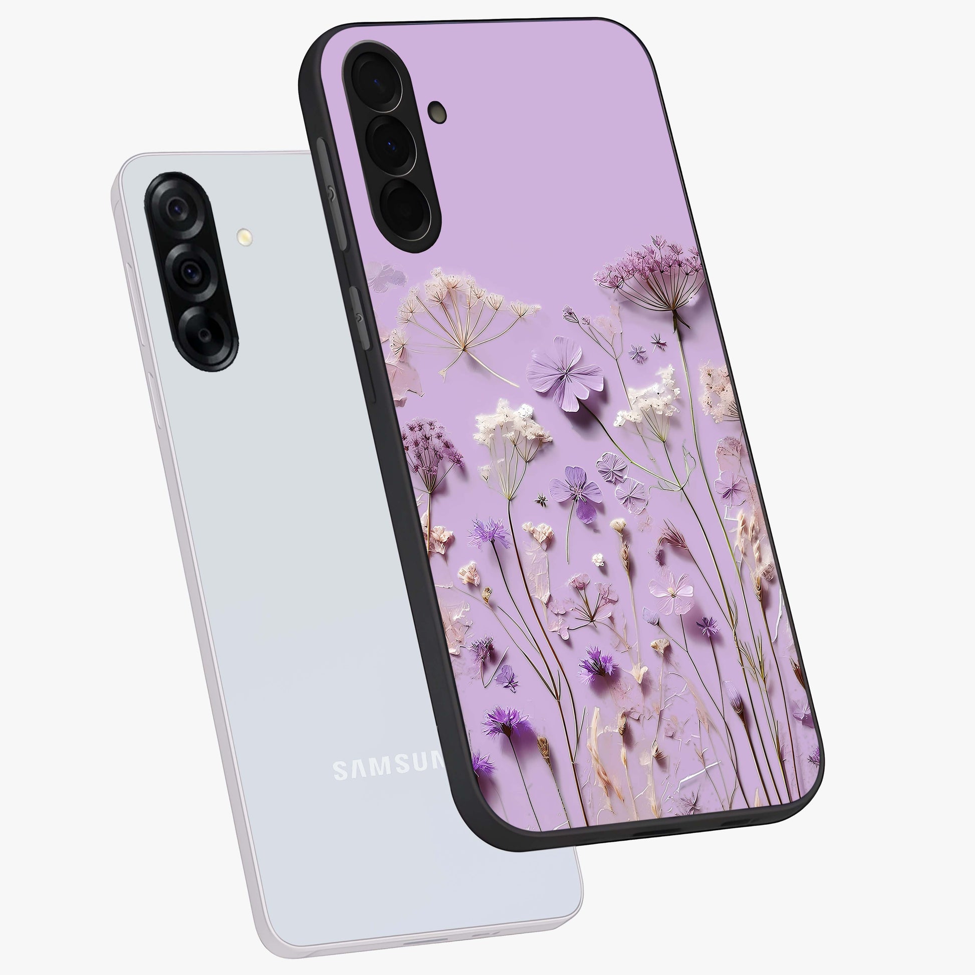 Lavender Blossom Dream Glass Case displayed in angled mockup highlighting dreamy lavender flower design with calming aesthetic style.