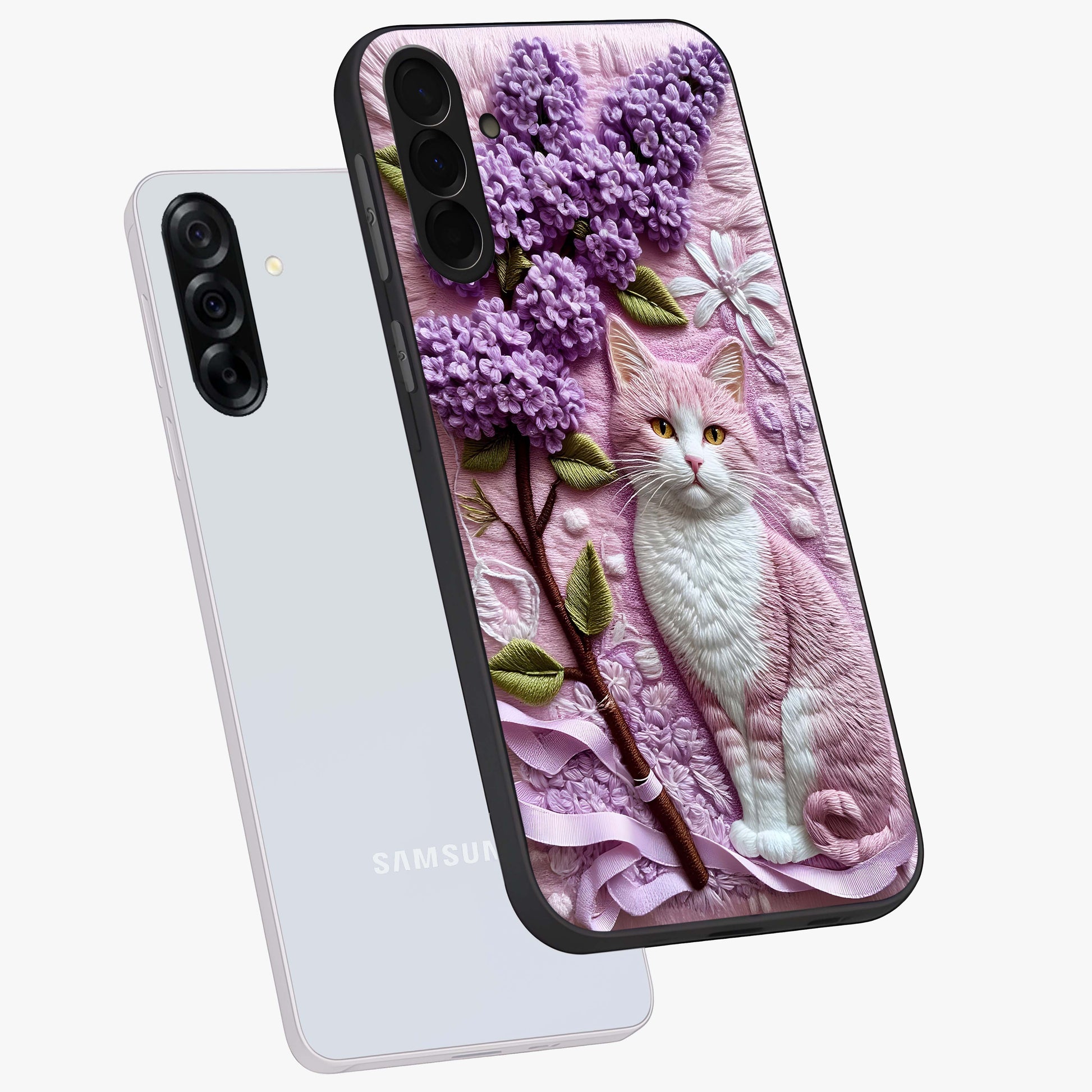 Lavender Cat Whimsy Glass Case displayed in angled mockup highlighting playful feline illustration with pastel lavender aesthetic.