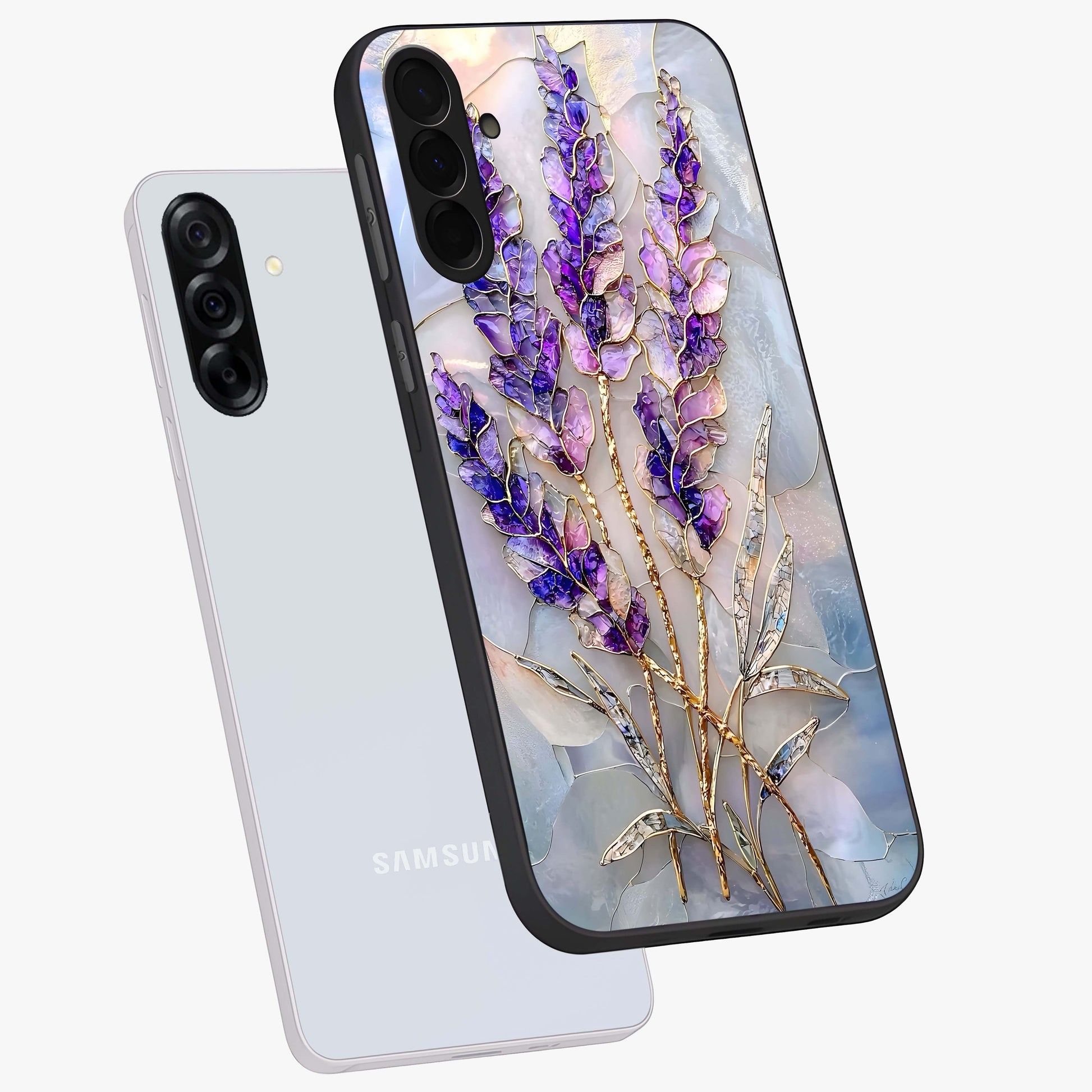 Lavender Dream Glow Glass Case displayed in angled mockup highlighting dreamy purple glow design with soft artistic style.