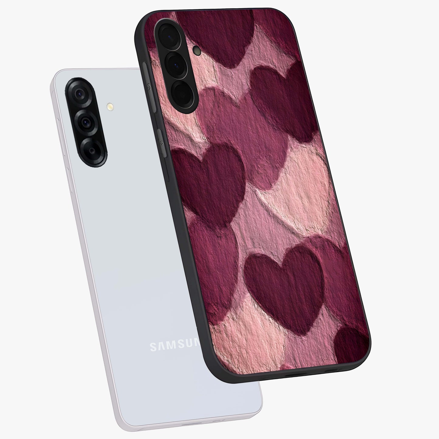 Layered Paper Hearts Glass Case displayed in angled mockup highlighting creative paper craft heart design with romantic aesthetic.