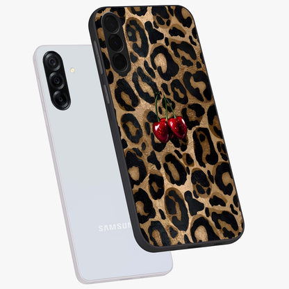 Leopard Wild Cherry Glass Case displayed in angled mockup highlighting bold animal print design with playful cherry aesthetic.