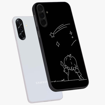 Line Art Girl With Shooting Stars Glass Case displayed in angled mockup highlighting elegant line art design with dreamy star aesthetic.