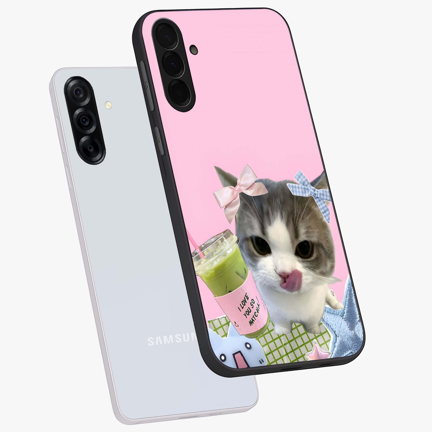 Love Matcha Cat Glass Case displayed in angled mockup highlighting playful feline illustration with cozy matcha aesthetic.