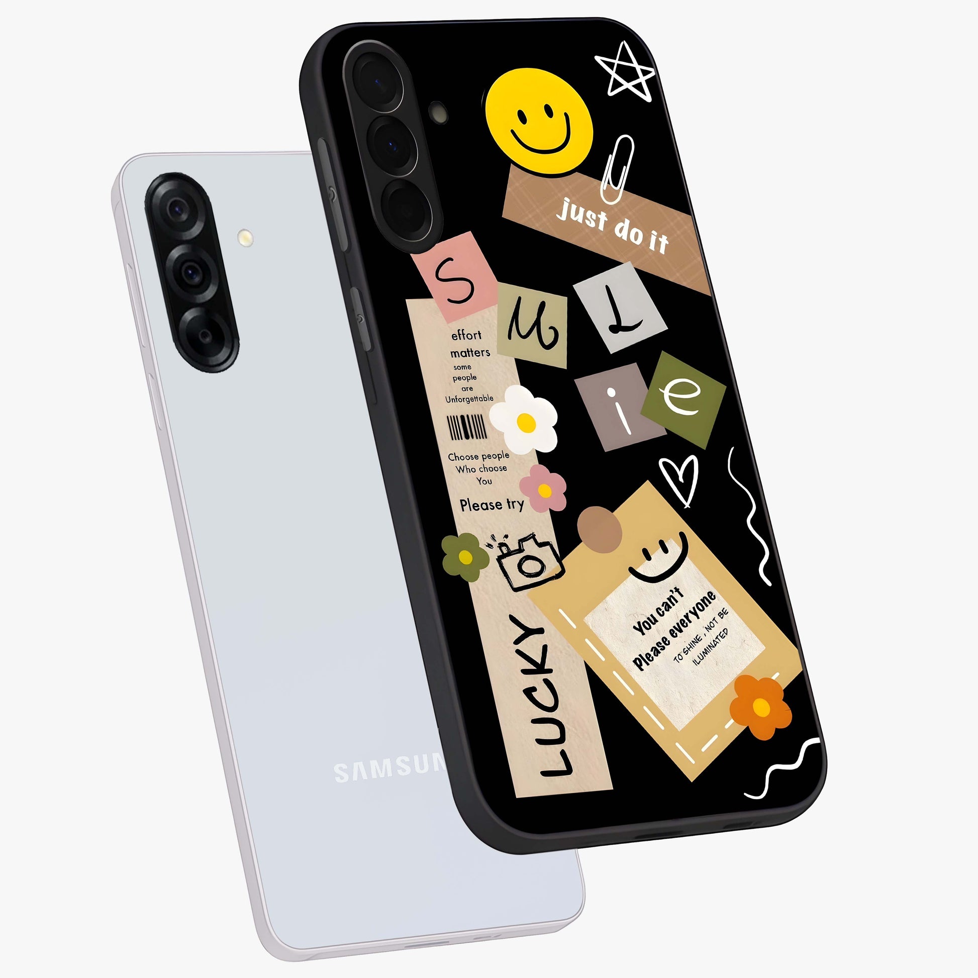 Lucky Aesthetic Collage Glass Case displayed in angled mockup highlighting stylish collage pattern with modern aesthetic vibe.