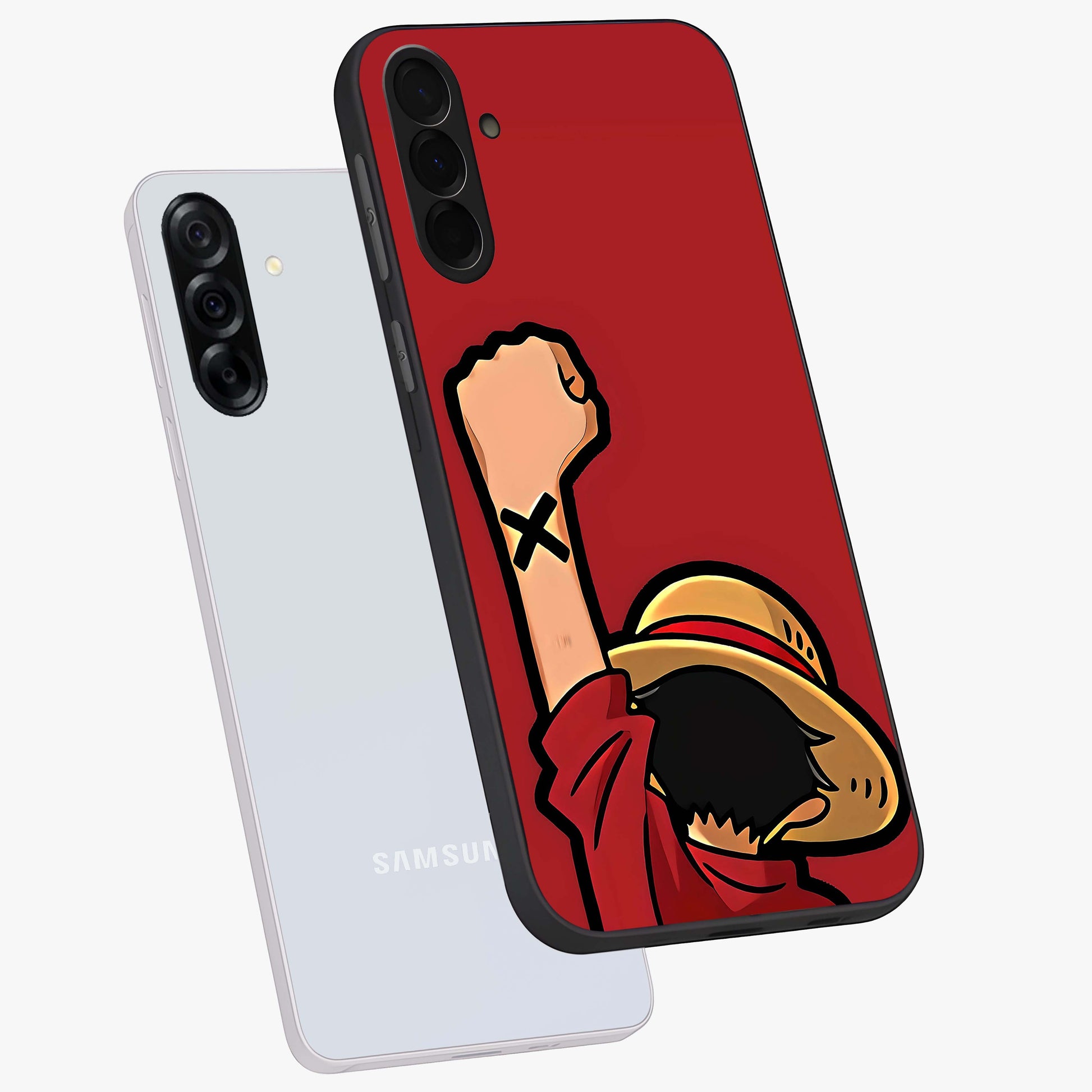 Luffy X Spirit Glass Case displayed in angled mockup highlighting powerful anime design with energetic action aesthetic.