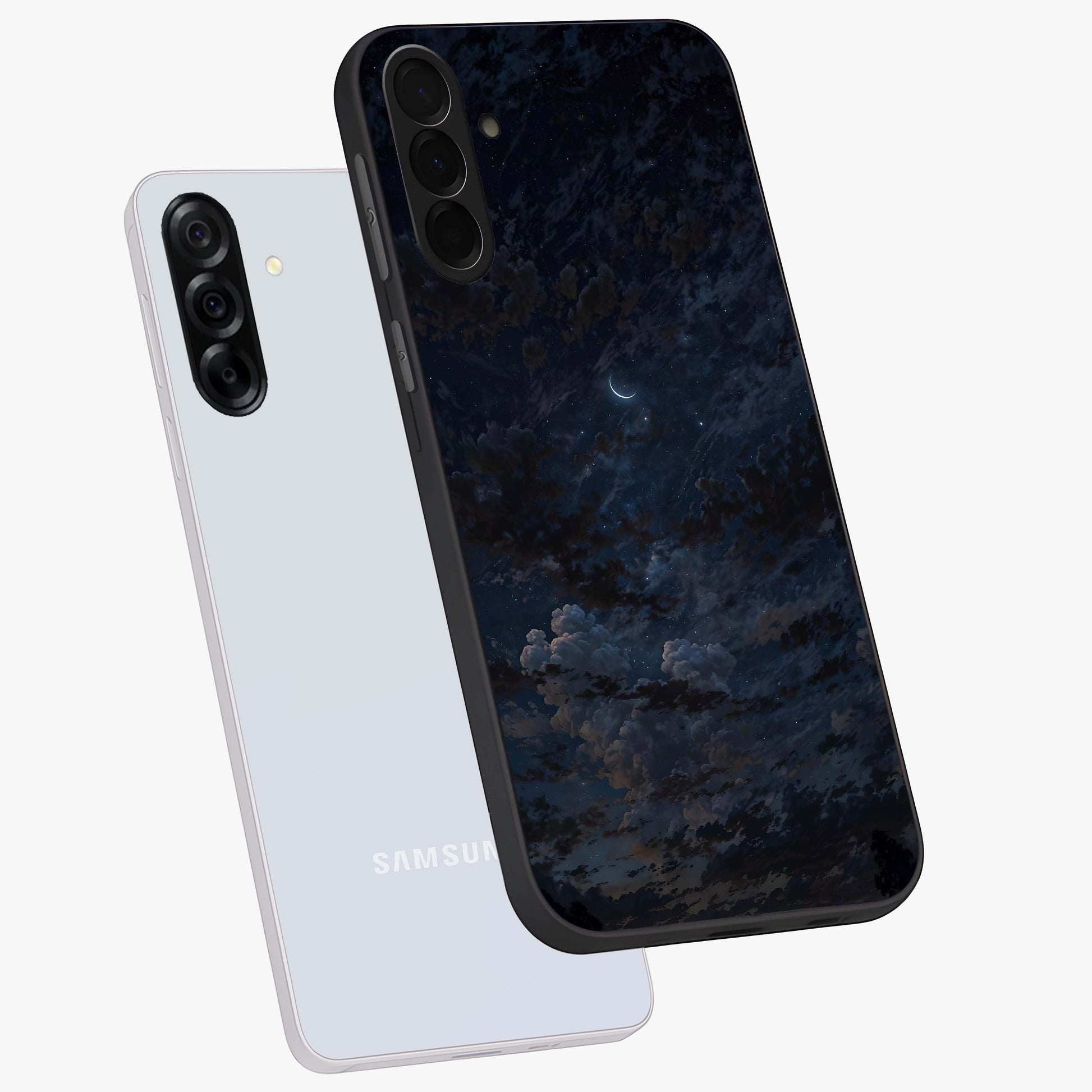 Lunar Veil Silence Glass Case displayed in angled mockup highlighting soft lunar design with peaceful celestial aesthetic.