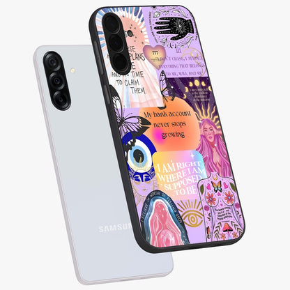 Manifestation Collage Glass Case displayed in angled mockup highlighting inspirational aesthetic collage design.