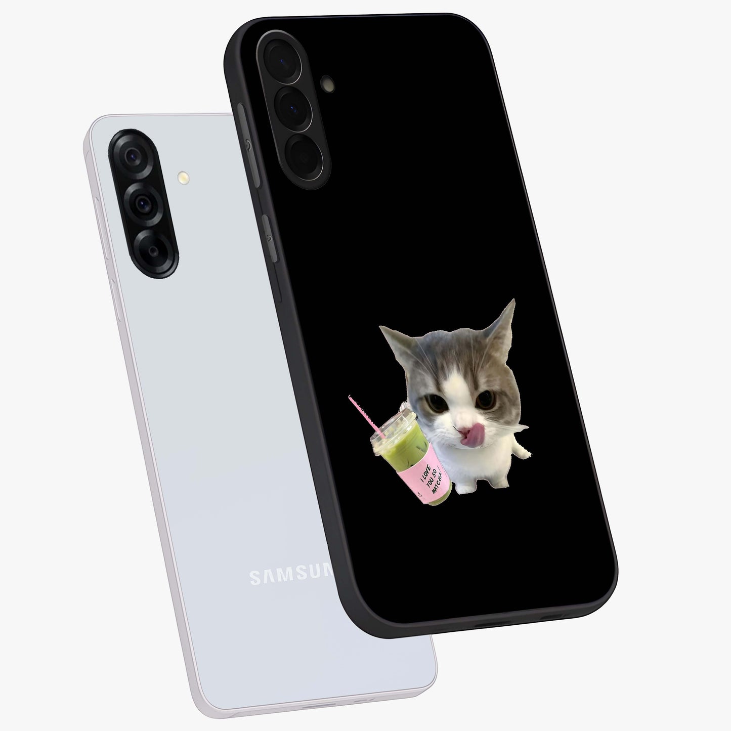 Matcha Cat Style Glass Case displayed in angled mockup highlighting playful feline design with pastel matcha aesthetic.