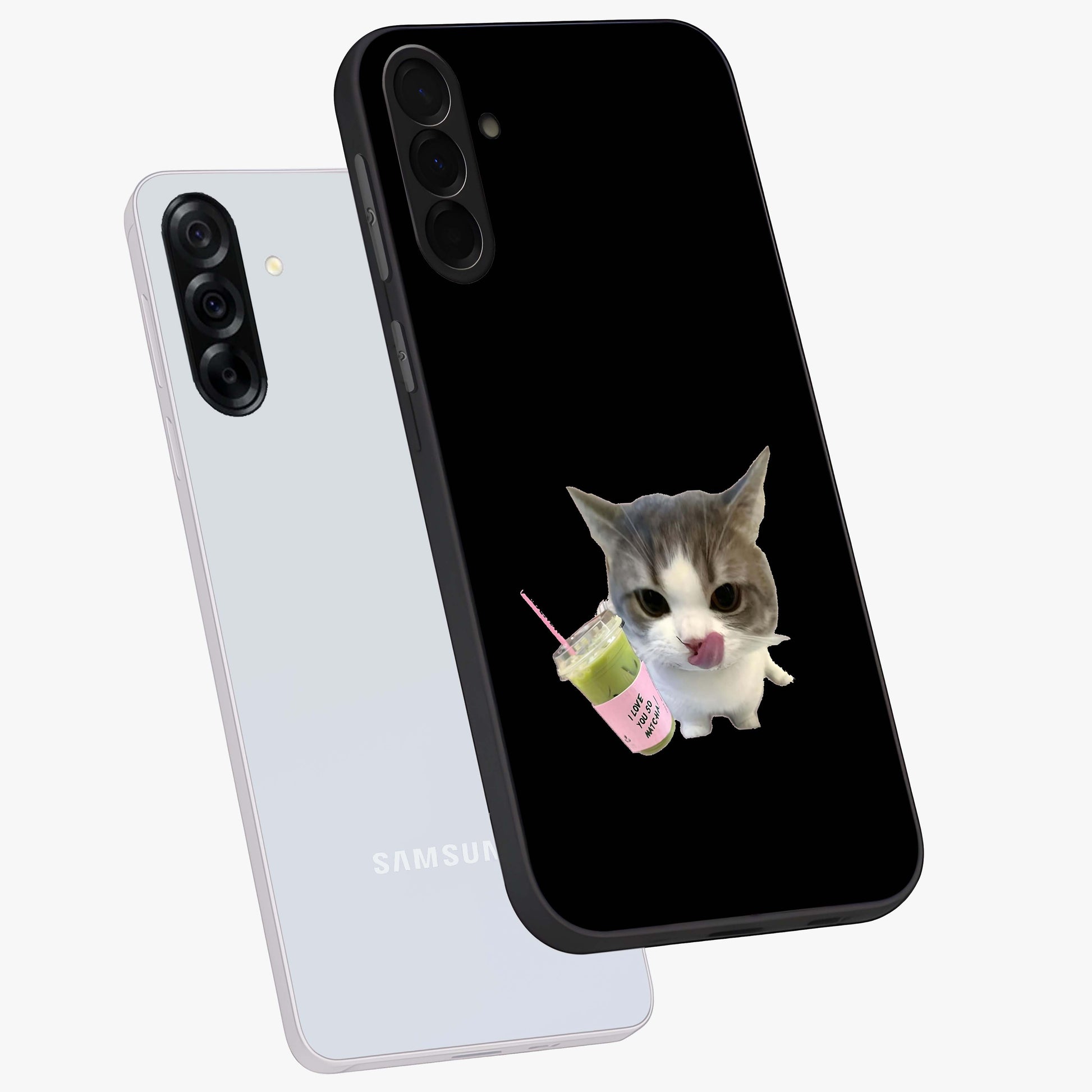 Matcha Cat Style Glass Case displayed in angled mockup highlighting playful feline design with pastel matcha aesthetic.