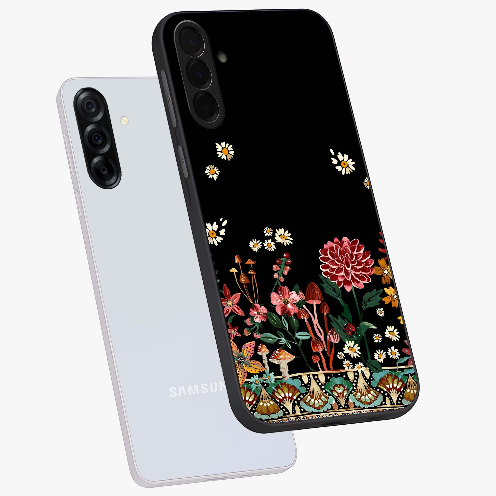 Midnight Bloom Pattern Glass Case displayed in angled mockup highlighting elegant flower design with midnight aesthetic style.